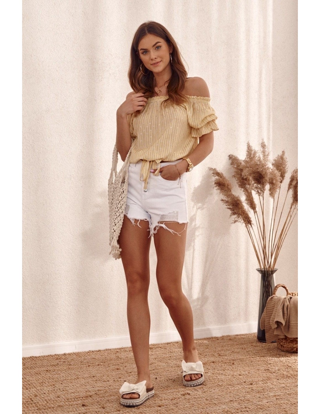 Button-up denim shorts with abrasions, white 730 - Online store - Boutique